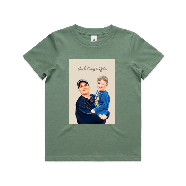 Uncle Craig & Ryder design on the AS Sage T Shirt size 4