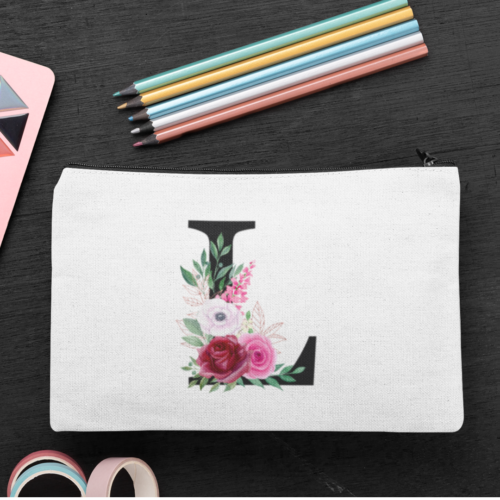 Black Letter Pink Floral Personalised Sparkle Zipper Pouch – Elegant Gift